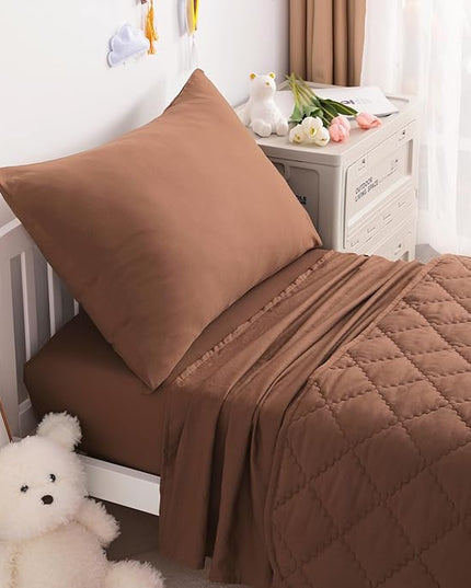 NTBAY Toddler Bedding Set - 4 Piece Soft and Breathable Crib Bedding Set for Boys and Girls, Includes Quilted Comforter, Fitted Sheet, Flat Top Sheet and Envelope Pillowcase, Brown - LeafyLoom
