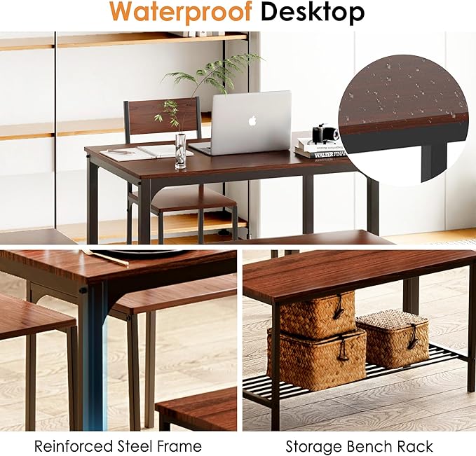 sogesfurniture Modern 4-Piece Kitchen Dining Table Set with 1 Bench and 2 Chairs, Kitchen Bench Table Set for 4, Wooden Kitchen Table and Chairs for Limited Space,Brown - LeafyLoom
