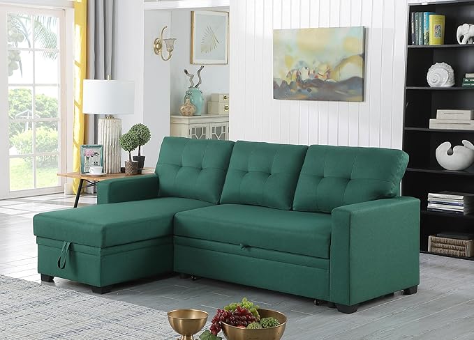 Sectional Sofa with Tufted Seat & Back Cushion,Solid Wood Frame Dsign, Linen Reversible w/Storage Chaise and Pull-Out Sleeper for Home, Small Space Apartment, 82 Inch, Green - LeafyLoom
