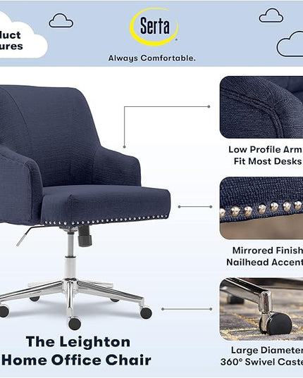 Serta Leighton Modern Office Chair, Stylish Mid-Back Desk Chair, Rivet Detail, Serta Quality Memory Foam, Armchair with Wheels, Vanity Chair, Swivel Chrome Metal Base, Twill Fabric, Blue - LeafyLoom