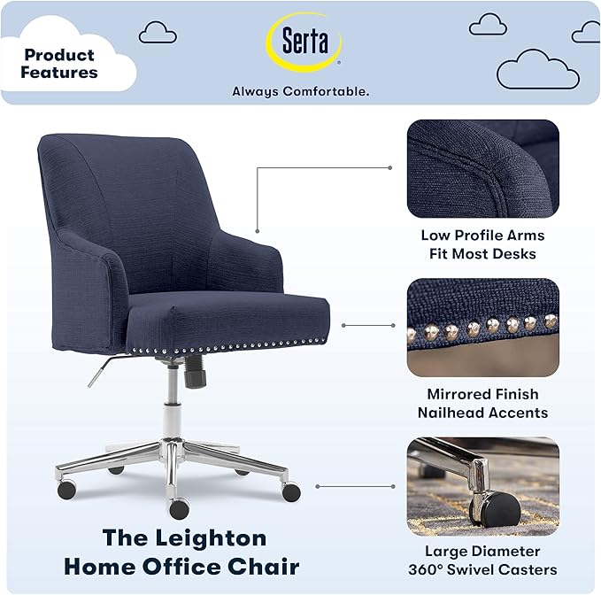 Serta Leighton Modern Office Chair, Stylish Mid-Back Desk Chair, Rivet Detail, Serta Quality Memory Foam, Armchair with Wheels, Vanity Chair, Swivel Chrome Metal Base, Twill Fabric, Blue - LeafyLoom