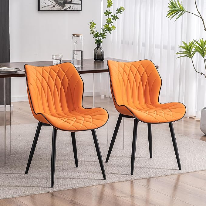 YOUNIKE Dining Chairs, Upholstered Faux Leather Kitchen Dining Room Chairs Set of 2, Modern Living Room Bedroom Side Chairs with Curved Wing Back and Adjustable Metal Legs, Orange - LeafyLoom