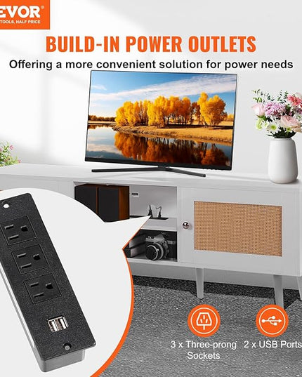 VEVOR Rattan TV Stand for 65 inch TV, Boho TV Stand with Rattan Door, Entertainment Center with Build-in Socket and USB Ports, Modern TV Console for Living Room, Media Room, White - LeafyLoom
