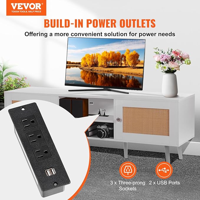 VEVOR Rattan TV Stand for 65 inch TV, Boho TV Stand with Rattan Door, Entertainment Center with Build-in Socket and USB Ports, Modern TV Console for Living Room, Media Room, White - LeafyLoom