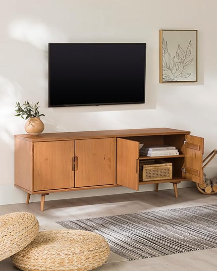 Walker Edison Genia Mid-Century Modern Solid Wood Stand for TVs up to 65 Inches, Caramel - LeafyLoom