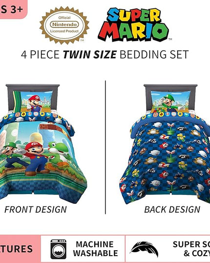 Franco Kids Bedding Super Soft Comforter and Sheet Set, 4 Piece Twin Size, Mario - LeafyLoom