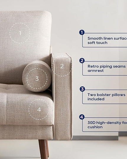 Vonanda Fabric Sofa Couch, Mid-Century 73 Inch 3 Seater Linen Couch with Hand-Stitched Comfort Cushion and Bolster Pillows for Living Room,Elegant Beige - LeafyLoom