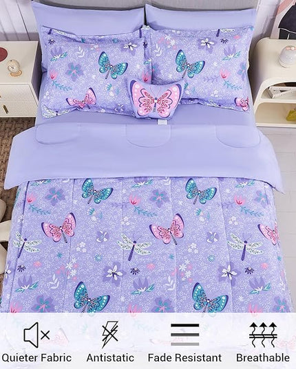 Mooreeke Bed in a Bag for Kids Girls Teens, 6 Pieces Twin Size Comforter Bed Set with Shams, Sheet Set and Decorative Toy Pillow, Butterfly Purple Super Soft Microfiber Kids Comforter Bedding Set - LeafyLoom