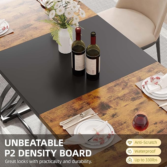 DWVO 70.3" Large Farmhouse Dining Table for 6-8 People, Rectangular Rustic Brown Kitchen Dining Room Table Industrial Wood Style with Heavy Duty Metal Legs, Apartment Dinette Tables for Eating Dinner - LeafyLoom