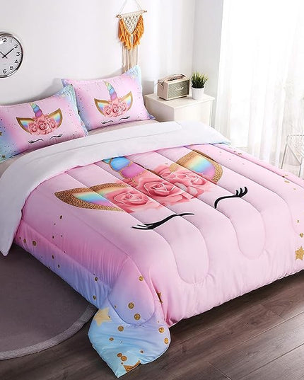 Unicorn Comforter Set Rainbow Soft Girls Unicorn Bedding with 1 Comforter 2 Pillowcases Pink Flower Unicorn Bedding Sets for Teens Girls Queen Size - LeafyLoom