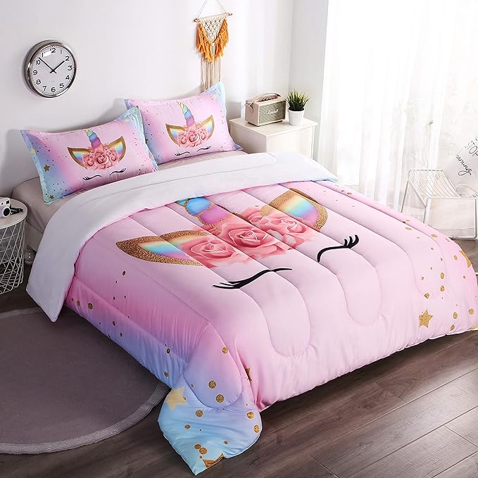 Unicorn Comforter Set Rainbow Soft Girls Unicorn Bedding with 1 Comforter 2 Pillowcases Pink Flower Unicorn Bedding Sets for Teens Girls Queen Size - LeafyLoom