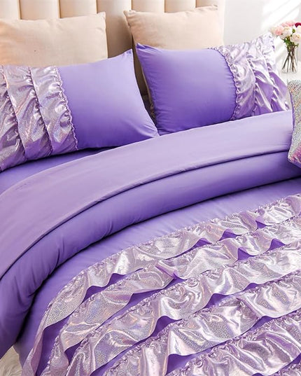 A Nice Night Waterfall Flutter Ruffle 3PCS Comforter Set,Chic Ruffled Textured Princess Bedding Set,Bling Purple,Twin - LeafyLoom
