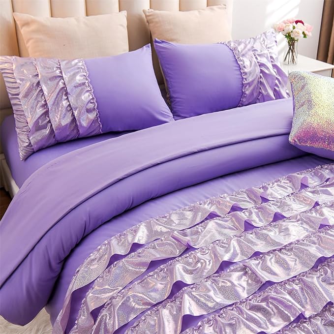 A Nice Night Waterfall Flutter Ruffle 3PCS Comforter Set,Chic Ruffled Textured Princess Bedding Set,Bling Purple,Twin - LeafyLoom