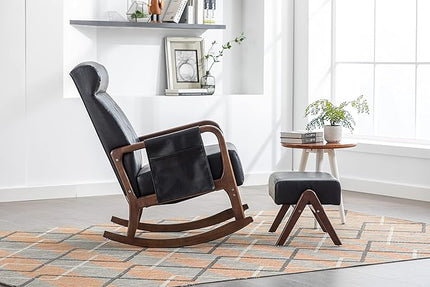 Armchair with Ottoman, Mid-Century Upholstered Accent Nursery, Glider Rocker Thick Cushion, Comfy Indoor Leisure Lounge Living Room, Bedroom, Office, Rocking Chair, Black - LeafyLoom