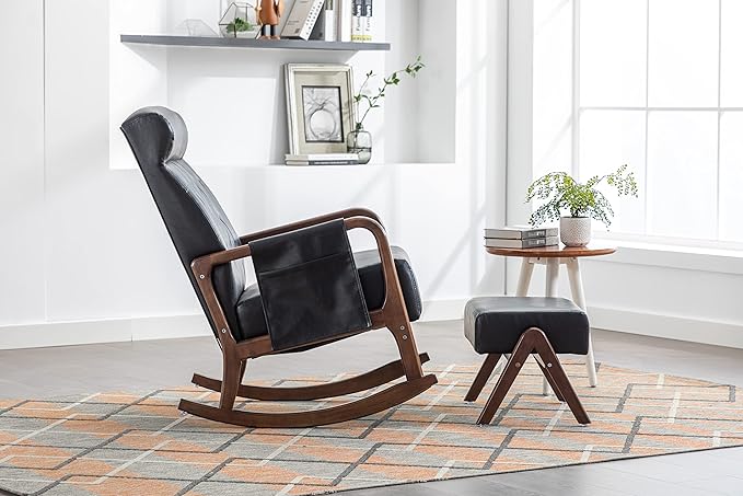 Armchair with Ottoman, Mid-Century Upholstered Accent Nursery, Glider Rocker Thick Cushion, Comfy Indoor Leisure Lounge Living Room, Bedroom, Office, Rocking Chair, Black - LeafyLoom