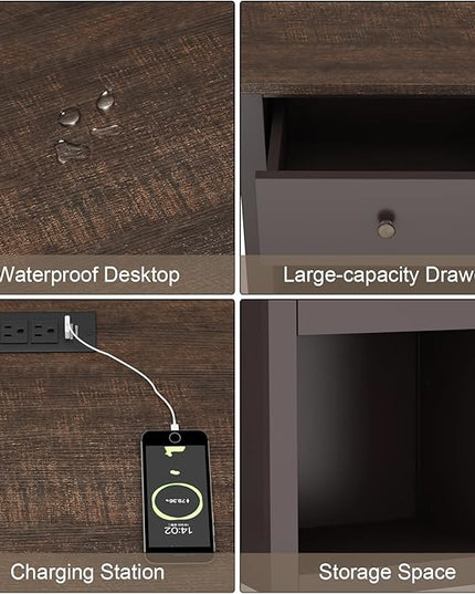 ChooChoo Nightstand with Charging Station, Wooden Top Bedside Table with Drawer and Storage Space for Bedroom, Espresso - LeafyLoom