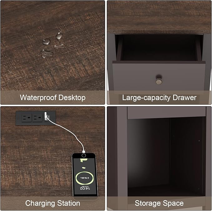 ChooChoo Nightstand with Charging Station, Wooden Top Bedside Table with Drawer and Storage Space for Bedroom, Espresso - LeafyLoom