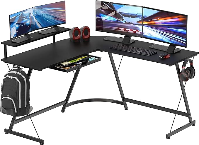 SHW Vista L-Shape Desk with Monitor Stand, Black - LeafyLoom