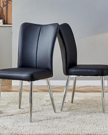 Modern Dining Chairs Set of 2, PU Leather Seat Cushions Black Dining Room Chair, with Silver Metal Legs Kitchen Chair for Home Living Room, Restaurant, Black Chair Silver Legs - LeafyLoom