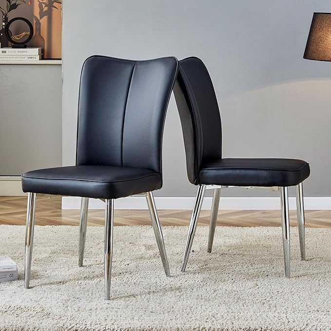 Modern Dining Chairs Set of 2, PU Leather Seat Cushions Black Dining Room Chair, with Silver Metal Legs Kitchen Chair for Home Living Room, Restaurant, Black Chair Silver Legs - LeafyLoom