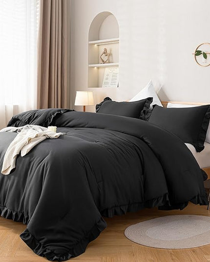JANZAA Queen Comforter Set Black Comforter Set 3PCS (1 Ruffled Comforter Set and 2 Pillowcases) Shabby Chic Bedding Vintage Soft Fluffy Bed Set for All Season - LeafyLoom