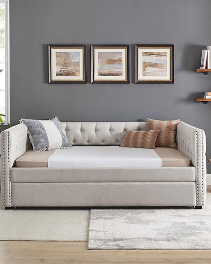 Linen Upholstered Full Size Daybed with Twin Trundle, Wooden Sofa Bed Frame w/Button Tufted and Copper Nail on Square Arms, for Bedroom, Guest Room, No Spring Box Need, Beige - LeafyLoom