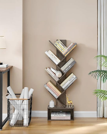 Hoctieon 6 Tier Tree Bookshelf, Tall Bookcase with Drawer, Freestanding Book shelf, Display Floor Standing Storage Shelf, Book Organizer Shelves for Home Office, Living Room, Bedroom, Grey - LeafyLoom