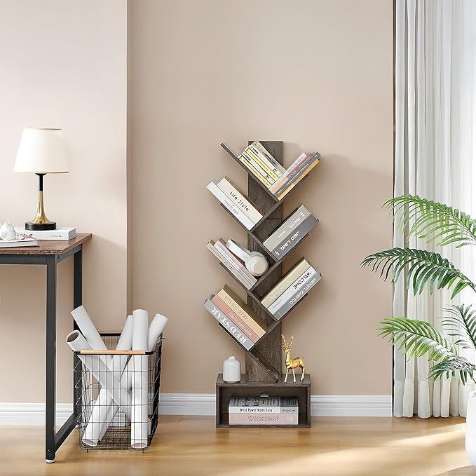 Hoctieon 6 Tier Tree Bookshelf, Tall Bookcase with Drawer, Freestanding Book shelf, Display Floor Standing Storage Shelf, Book Organizer Shelves for Home Office, Living Room, Bedroom, Grey - LeafyLoom