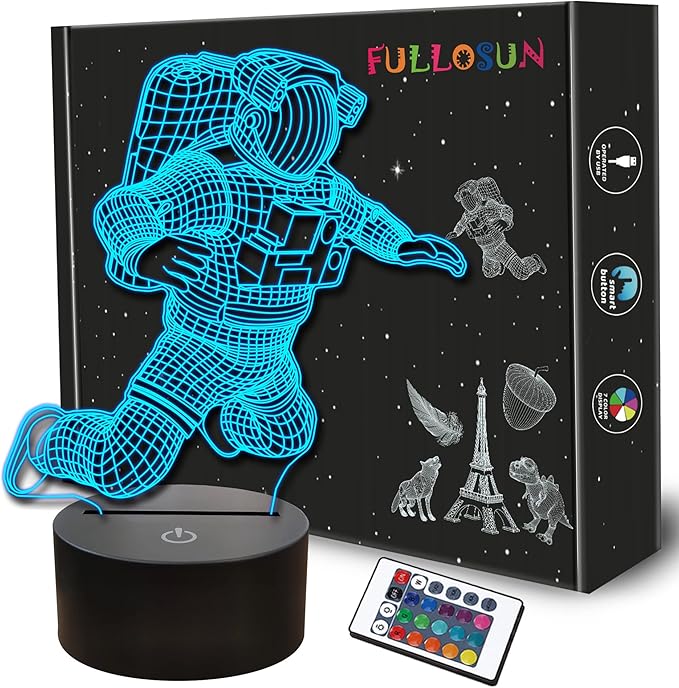 FULLOSUN Spaceman 3D Night Light, Astronaut Rocket Optical Illusion Lamp Birthday Gift Idea for Outer Space Fan Xmas, Living Room Decor Night Light with 7 Colors Changing - LeafyLoom