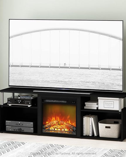 Furinno Jensen Open Storage Fireplace Entertainment Center for TV up to 70 Inch with Stainless Steel Tubes, Americano/Chrome - LeafyLoom