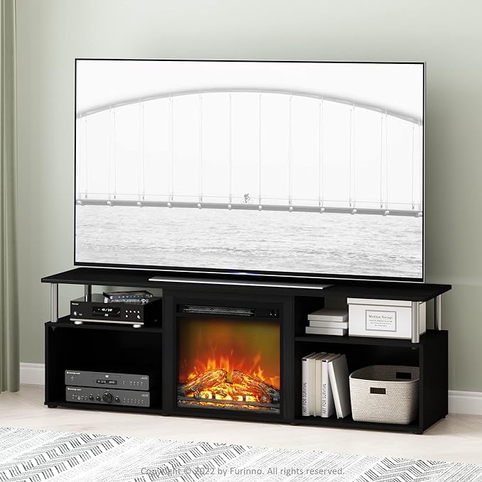 Furinno Jensen Open Storage Fireplace Entertainment Center for TV up to 70 Inch with Stainless Steel Tubes, Americano/Chrome - LeafyLoom