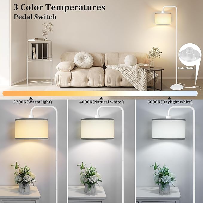 [Upgraded] LED Floor Lamp for Living Room, 3 Color Temperature Floor Lamp with Foot Switch Modern Standing Lamp Tall Pole Floor Reading Lamp for Bedroom, Study Room, Office, 9W Bulb Included, White - LeafyLoom