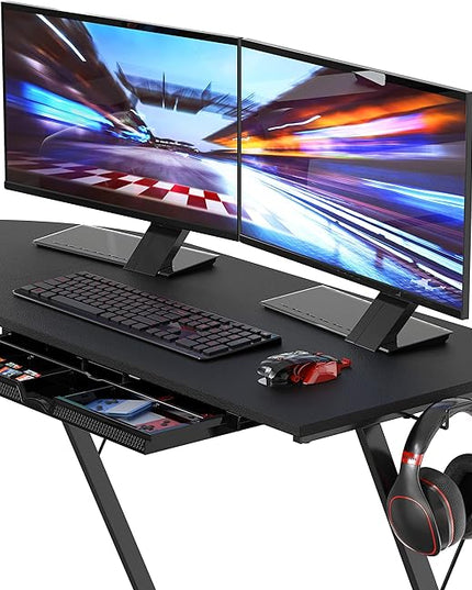 SHW Vista L-Shape Desk with Monitor Stand, Black - LeafyLoom