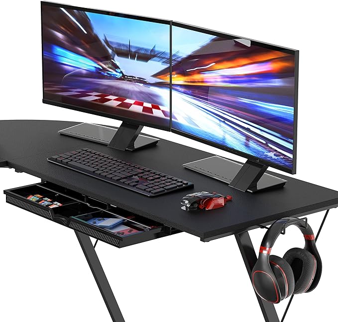 SHW Vista L-Shape Desk with Monitor Stand, Black - LeafyLoom