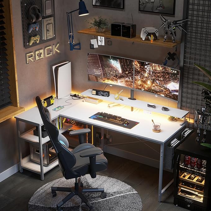 ODK 58 Inch Gaming Desk with USB Charging Ports and LED Lights, Reversible L Shaped Computer Desk with Storage Shelves & Monitor Stand, Corner Home Office Desk Table with Power Outlets, White - LeafyLoom