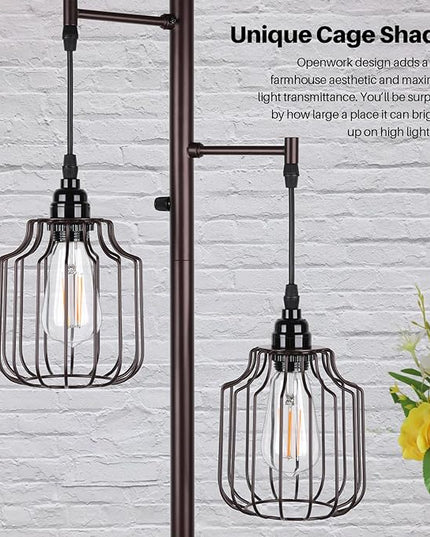 Dimmable Industrial Floor Lamp with 3 LED Edsion Bulbs, Farmhouse Tall Standing Lamp for Living Room, Rustic Brown Tree Floor Lamp, Bright Vintage Pole Light with Cage Shades for Bedroom Home Decor - LeafyLoom