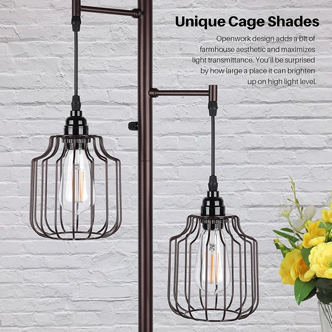 Dimmable Industrial Floor Lamp with 3 LED Edsion Bulbs, Farmhouse Tall Standing Lamp for Living Room, Rustic Brown Tree Floor Lamp, Bright Vintage Pole Light with Cage Shades for Bedroom Home Decor - LeafyLoom