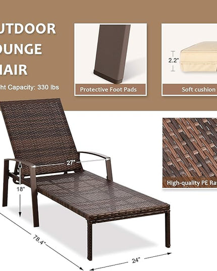 Pamapic Patio Lounge Chair, Patio Chaise Lounges with Thickened Cushion, PE Rattan Steel Frame Pool Lounge Chair Set for Patio Backyard Porch Garden Poolside(Beige) - LeafyLoom