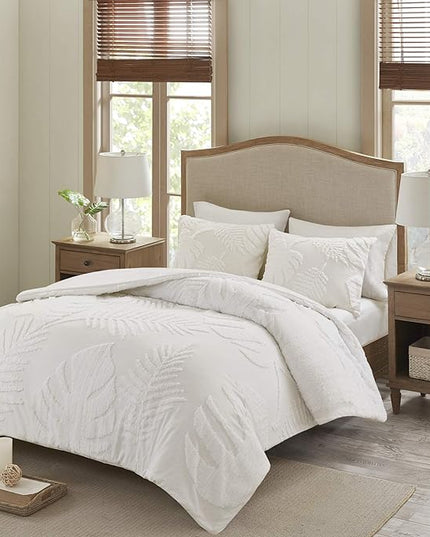Madison Park Tufted Chenille Cotton Comforter, All Season Bedding Set, Matching Shams, Bahari, Coastal Palm Leaf Off White King/Cal King(104"x92") 3 Piece - LeafyLoom