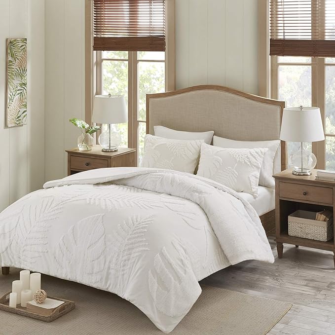 Madison Park Tufted Chenille Cotton Comforter, All Season Bedding Set, Matching Shams, Bahari, Coastal Palm Leaf Off White King/Cal King(104"x92") 3 Piece - LeafyLoom