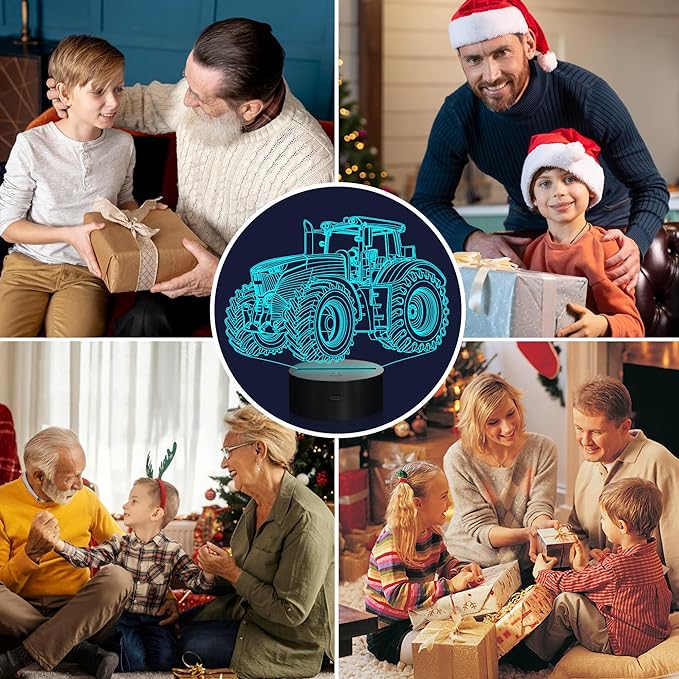 Attivolife Tractor 3D Illusion Night Lamp, 16 Color Changing Dimmable Hologram Lighting, Timer Toy USB Charge Table Desk Bedroom Decoration Creative Gift for Kid Boy with Remote Control - LeafyLoom