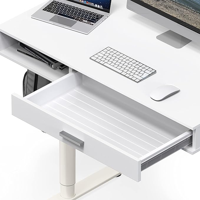 SHW Claire 40-Inch Height Adjustable Electric Standing Desk with Drawer, White - LeafyLoom