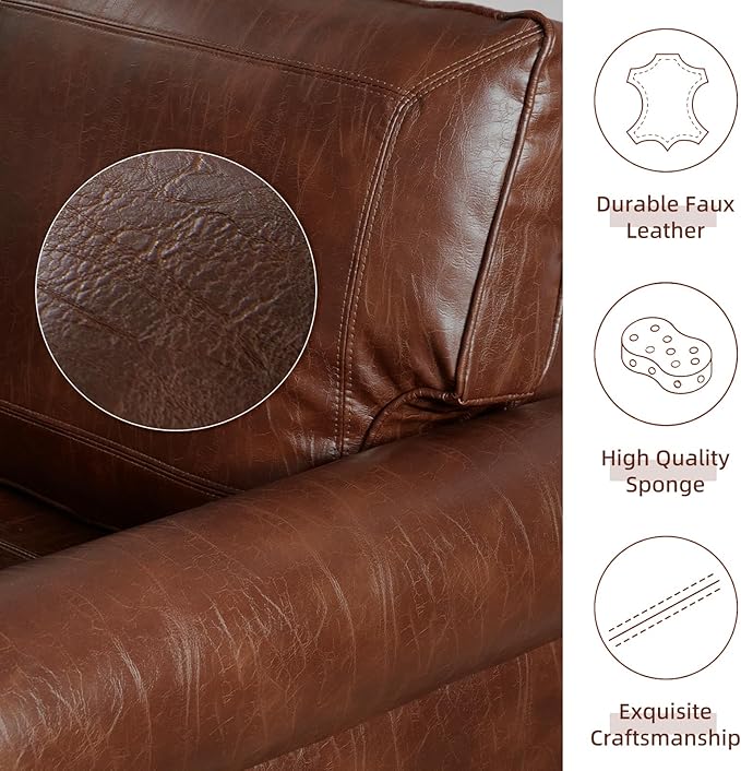 Dreamsir 79'' Traditional Faux Leather Sofa Couch with Nailhead Trim, Classic 3-Seater Sofa with Rolled Arms for Living Room, Bedroom, Apartment, Easy to Install (Retro Brown) - LeafyLoom