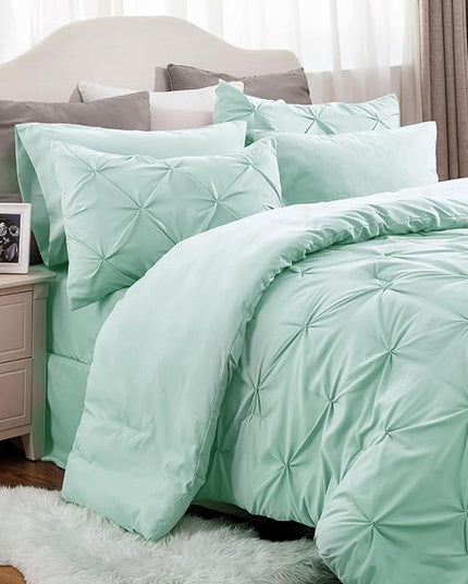 Bedsure Twin XL Comforter Set - Extra Long 5 Pieces Dorm Room Essentials, Pinch Pleat Mint Green Bed in a Bag with Comforter, Sheets, Pillowcase & Sham, Kids Bedding Set - LeafyLoom