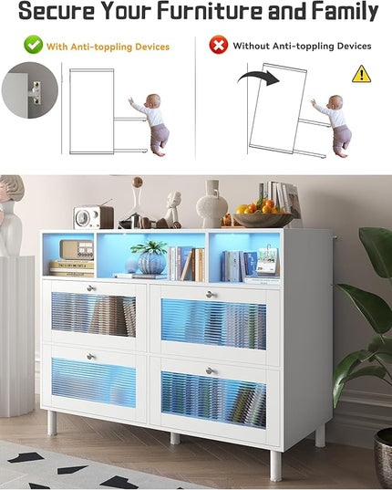 Sideboard Fluted Buffet Cabinet with Storage | 47’’ Large Kitchen Storage Cabinet with LED Light & Power Outlet, Modern Coffee Bar Cabinet Buffet Table for Living Room, Dining Room, Entryway - LeafyLoom