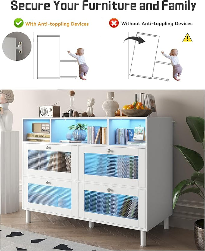 Sideboard Fluted Buffet Cabinet with Storage | 47’’ Large Kitchen Storage Cabinet with LED Light & Power Outlet, Modern Coffee Bar Cabinet Buffet Table for Living Room, Dining Room, Entryway - LeafyLoom