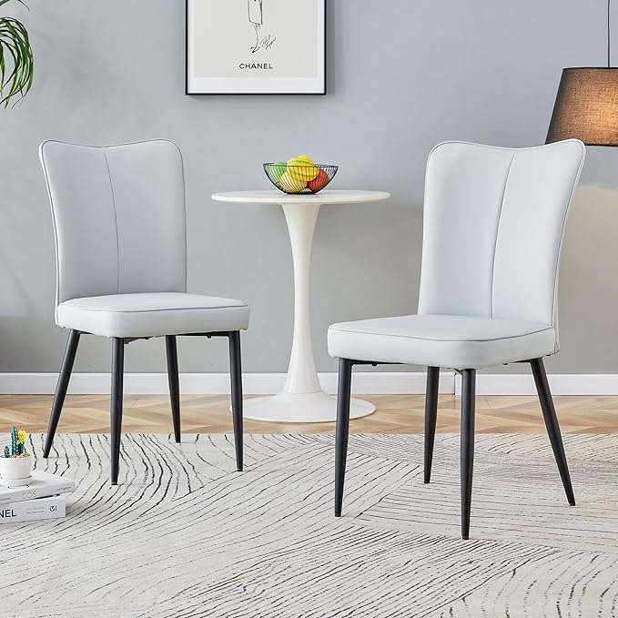 Modern Dining Chairs Set of 2, PU Leather Seat Cushions Light Gray Dining Room Chair, with Black Metal Legs Kitchen Chair for Home Living Room, Restaurant, Light Gray Chair Black Legs - LeafyLoom