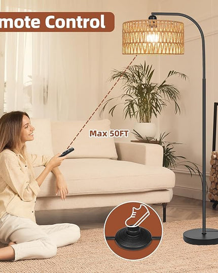 Rattan Floor Lamps for Living Room, Boho Standing Lamps with Rattan& Linen Double Shades, Arc Lamps Floor Standing with 9W Bulb, Foot Switch, Bohemian Floor Lamps for Bedroom, Office - LeafyLoom