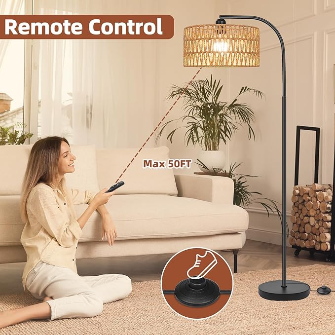 Rattan Floor Lamps for Living Room, Boho Standing Lamps with Rattan& Linen Double Shades, Arc Lamps Floor Standing with 9W Bulb, Foot Switch, Bohemian Floor Lamps for Bedroom, Office - LeafyLoom