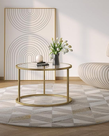 SAYGOER Small Glass Coffee Table Round Gold Coffee Table for Small Space Modern Simple Center Table with Gold Frame for Living Room Home Office, Easy Assembly - LeafyLoom